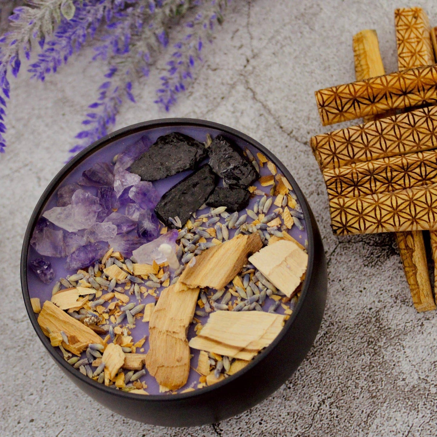 Energy Cleansing Crystal Candle 4oz - Amethyst, Black Tourmaline & Palo Santo