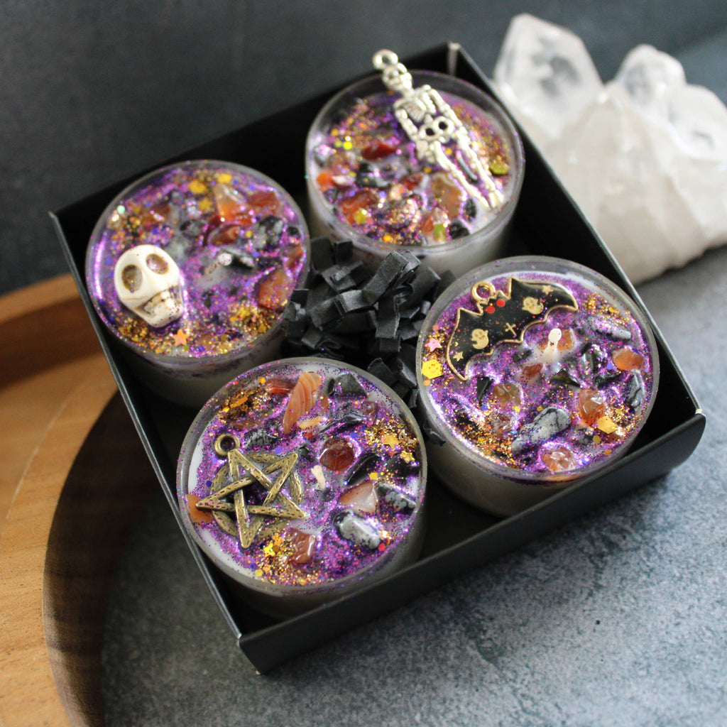 Samhain Tealight Crystal Candles | Sabbat Ritual Candles | Moondust and Raven