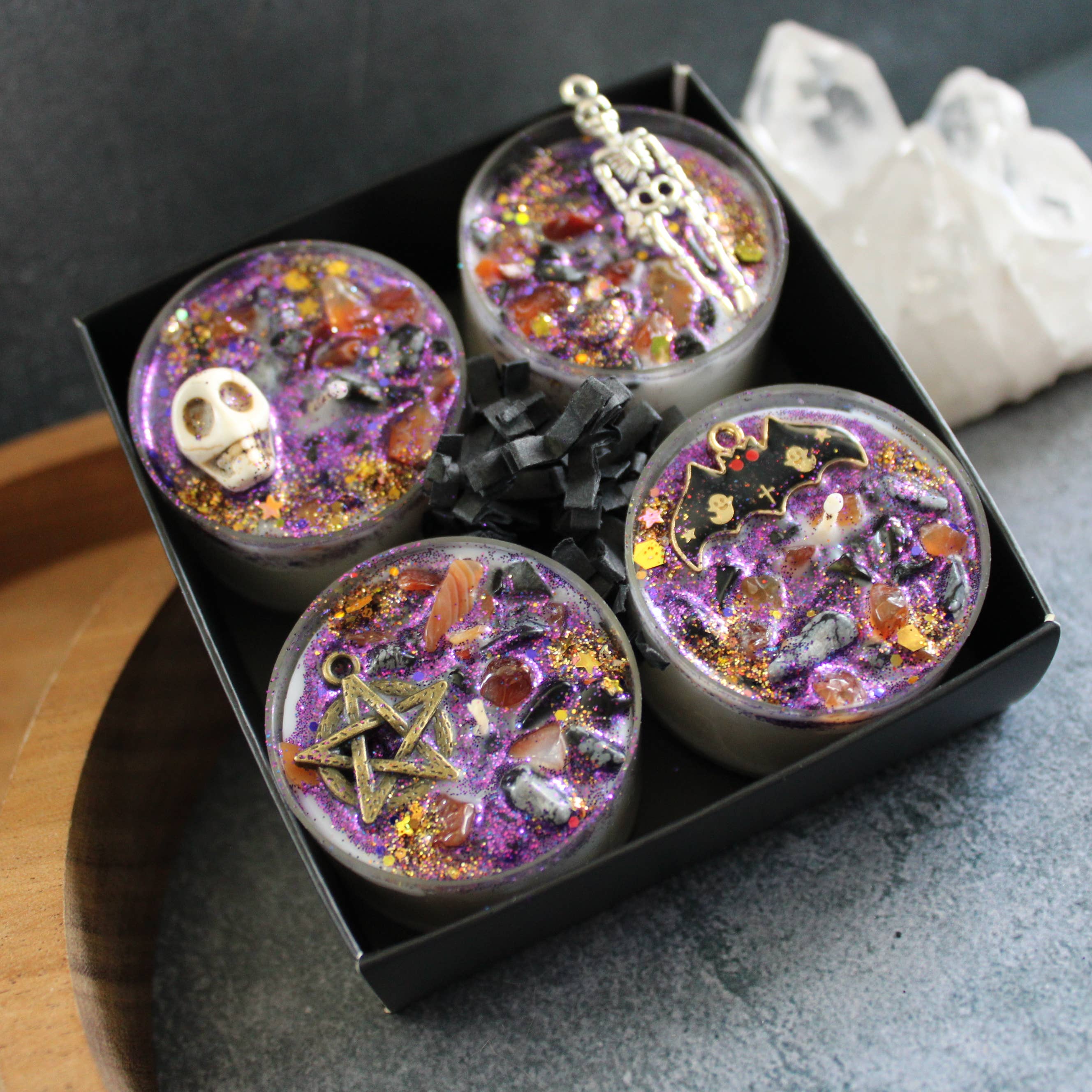 Samhain Tealight Crystal Candles | Sabbat Ritual Candles | Moondust and Raven