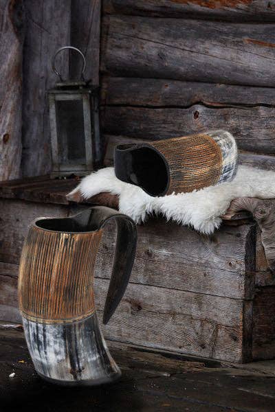Striped Horn Viking Drinking Mugs Cups Ox Horn Beaker, 6"