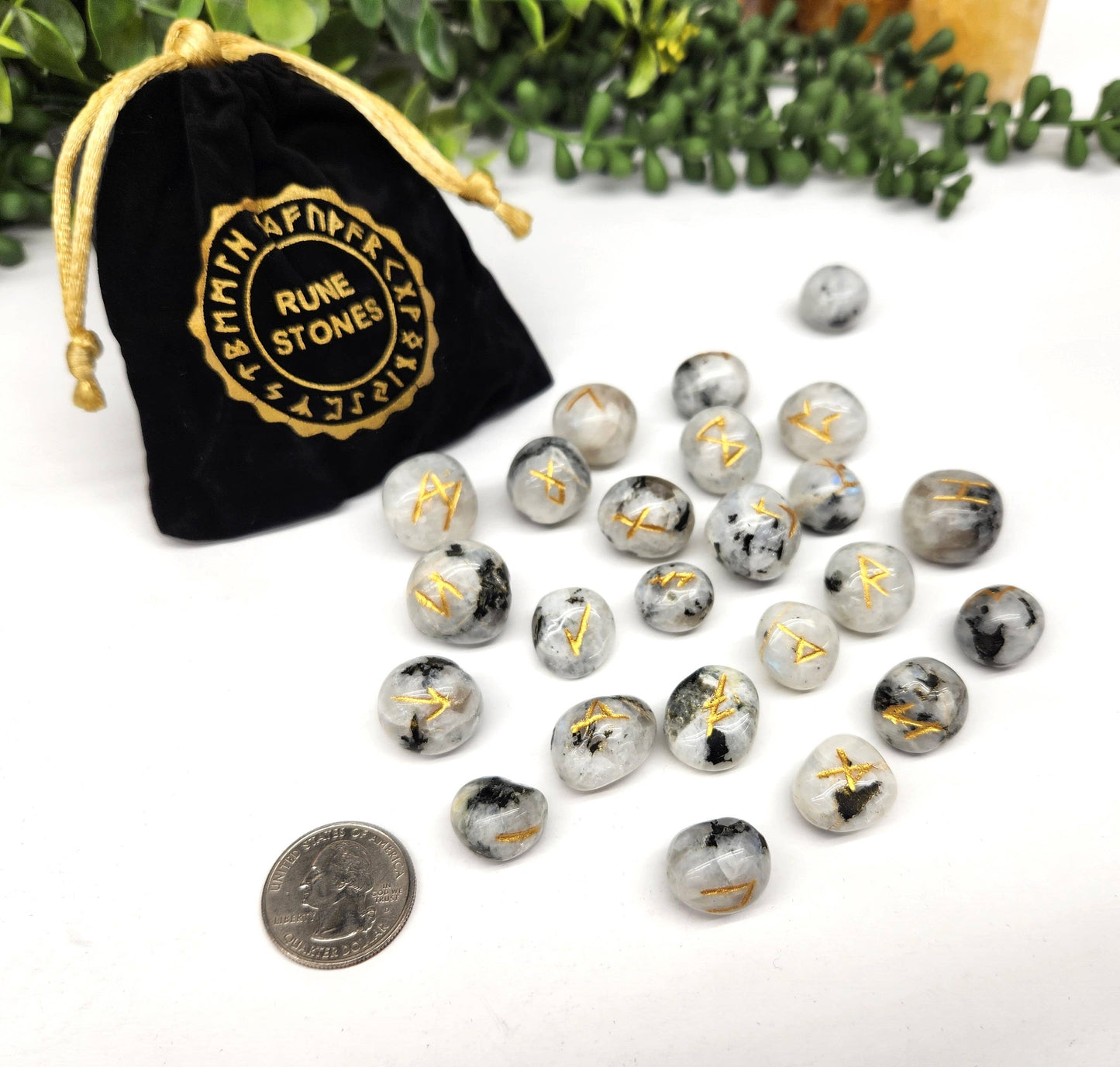 Rainbow Moonstone Gemstone Rune Set with Velvet Pouch