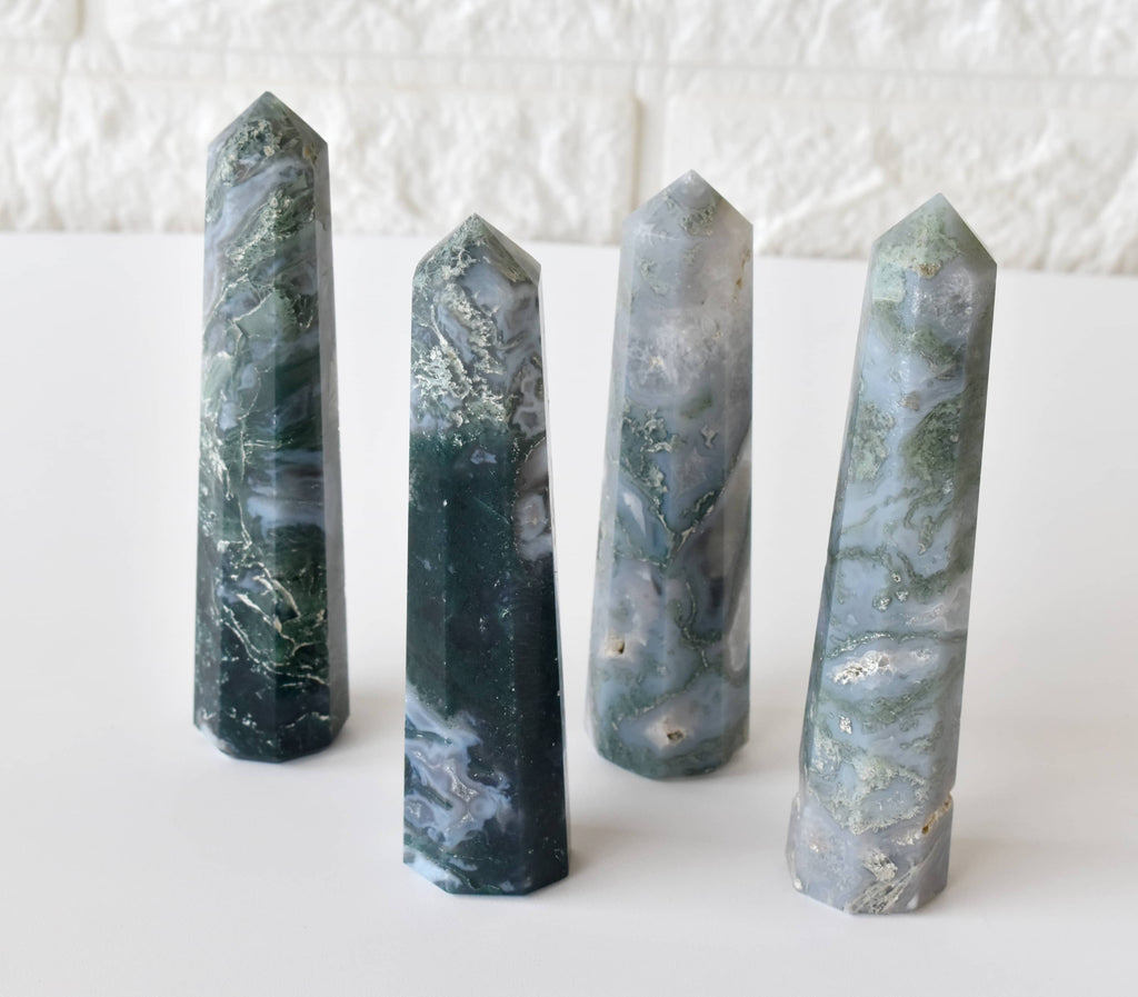 Moss Agate Crystal Tower | Healing Obelisk Point | Natural Gemstone Tower