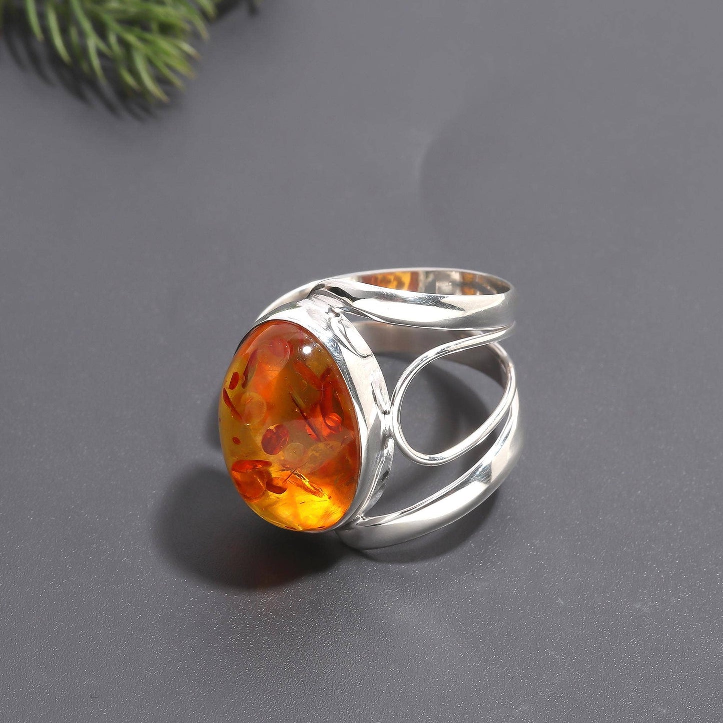 925 Silver Sunset Amber Oval Ring Size 6