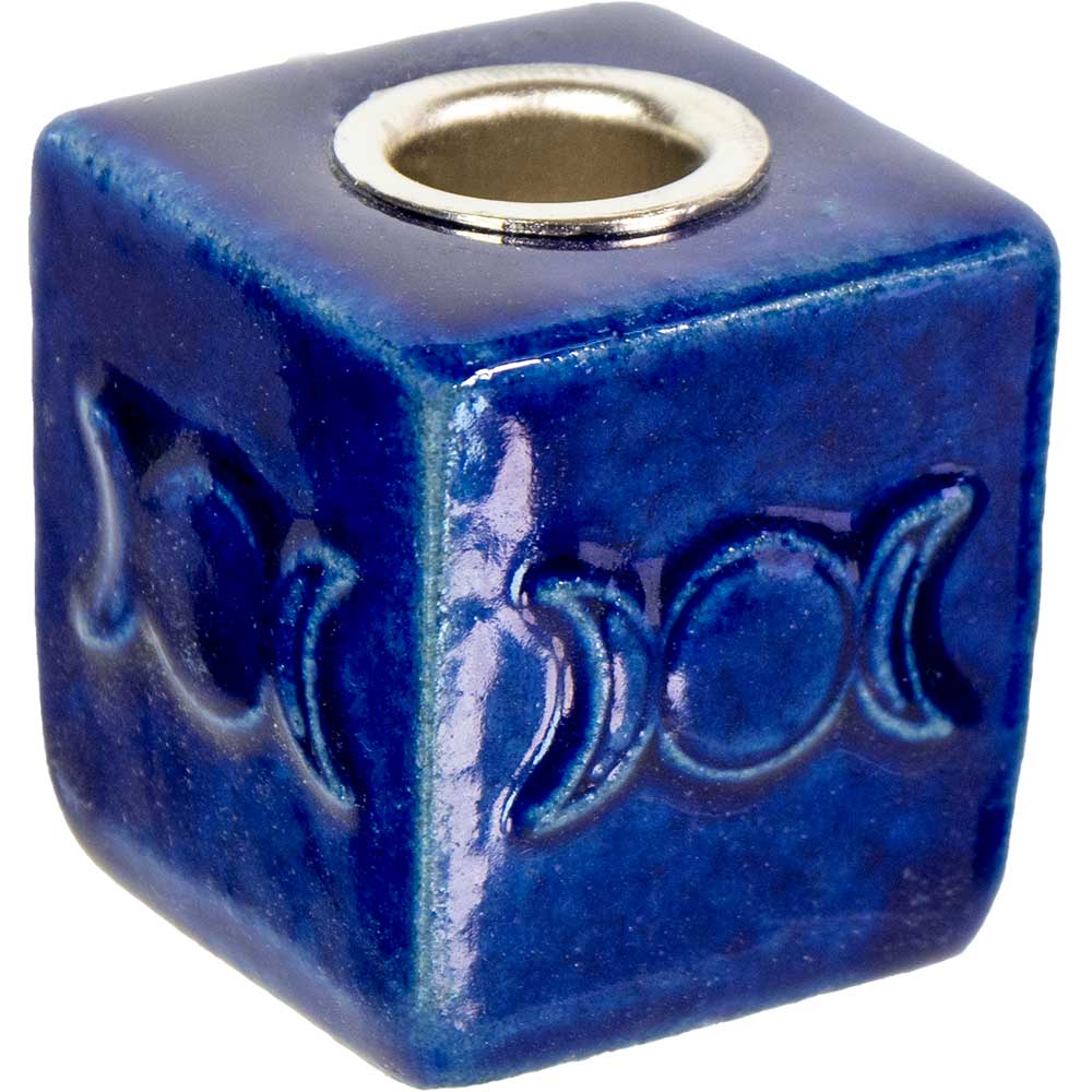 Triple Moon Ceramic Cube Chime Candle Holder — Blue