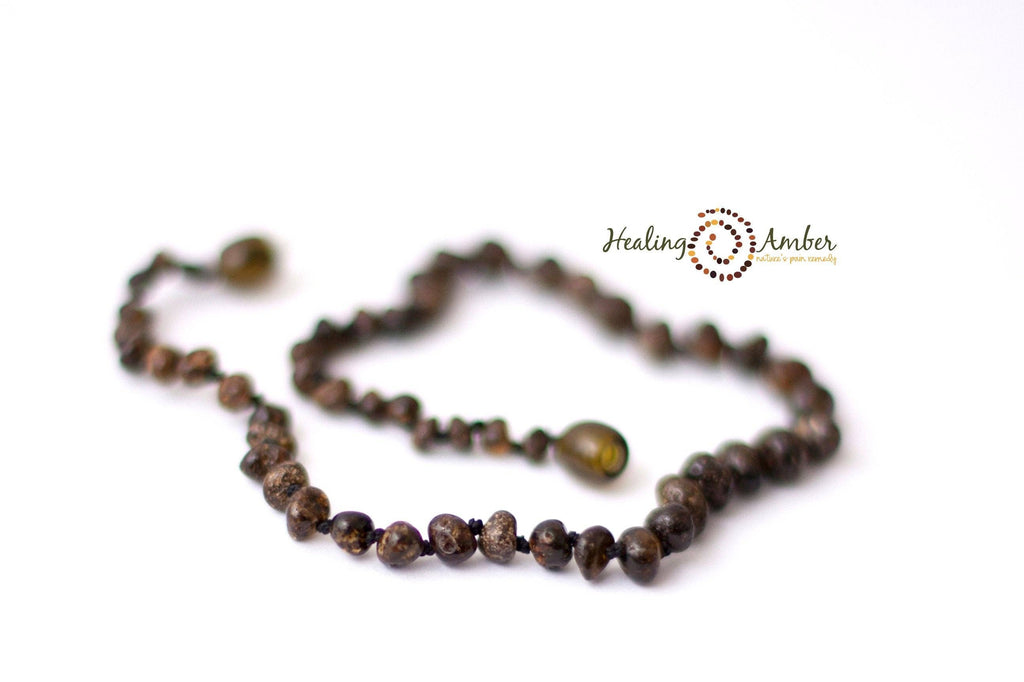 Baltic Amber Necklace | Polished Molasses Olive Speckle | 11" | Handcrafted in Lithuania