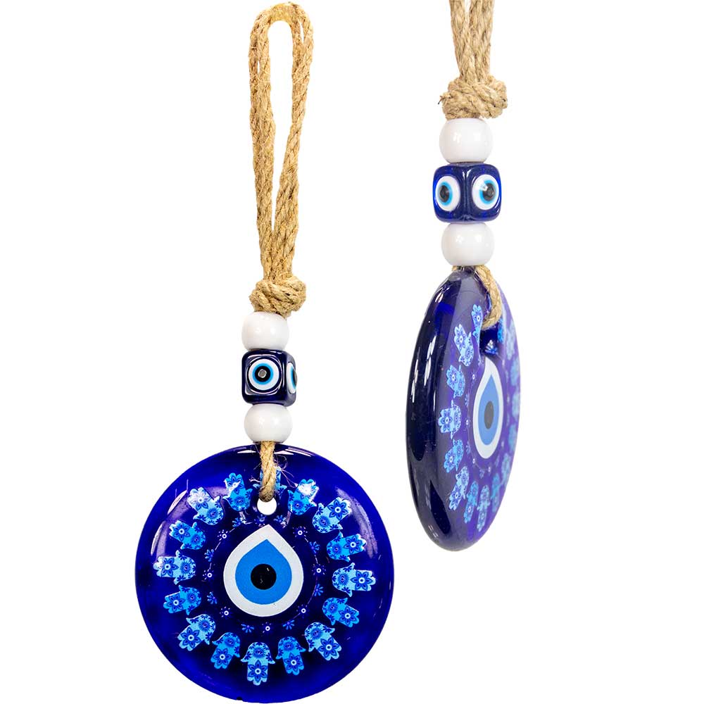 Circle of Elephants Evil Eye Wall Hanging - Blue Glass Protection Talisman