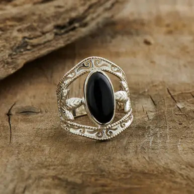 Black Onyx Sterling Silver Leaf Ring Size 7