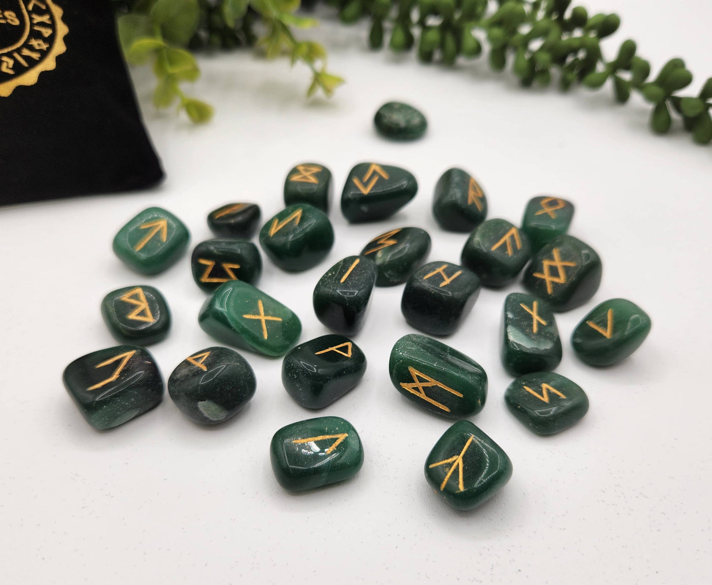 Jade Semi-Precious Gemstone Rune Sets with Velvet Pouch