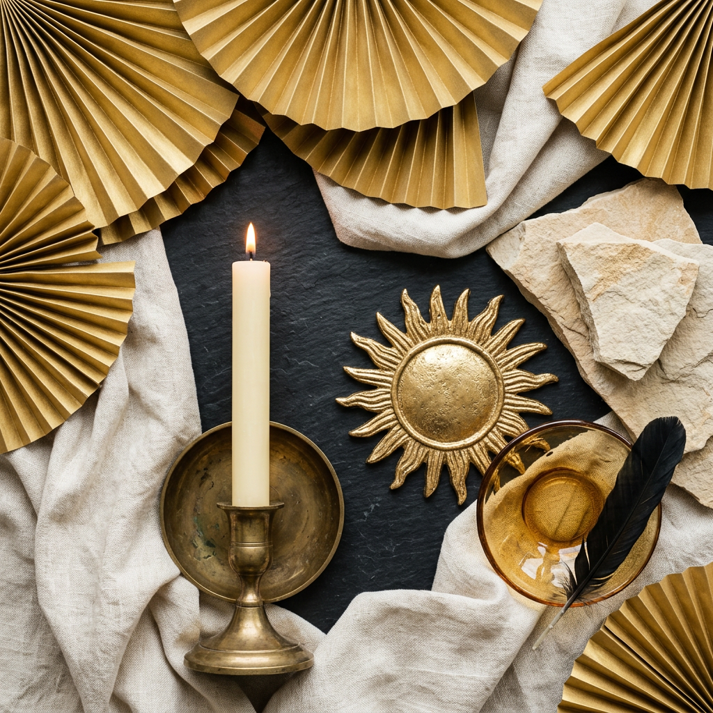 Black-and-gold props-only flat lay