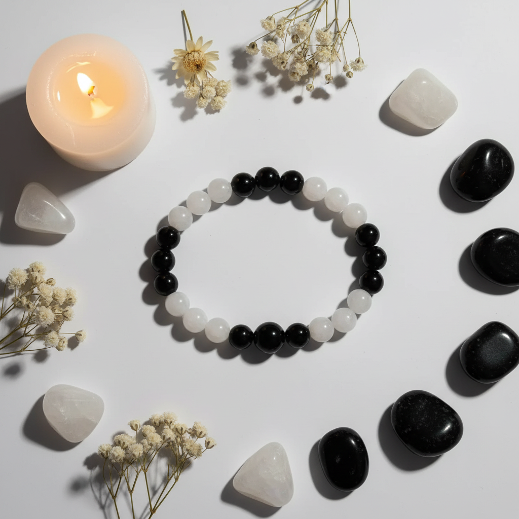 Black Obsidian & Moonstone Bracelet Flat Lay