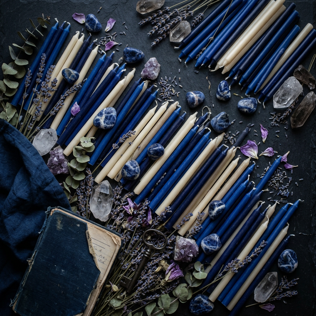 Blue candle ritual props flat lay