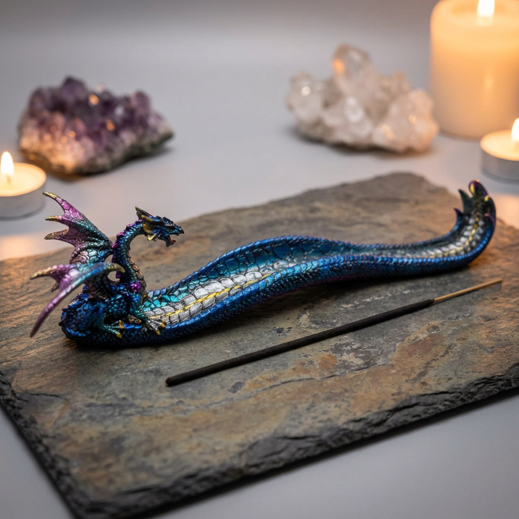 Blue dragon incense holder ritual setting