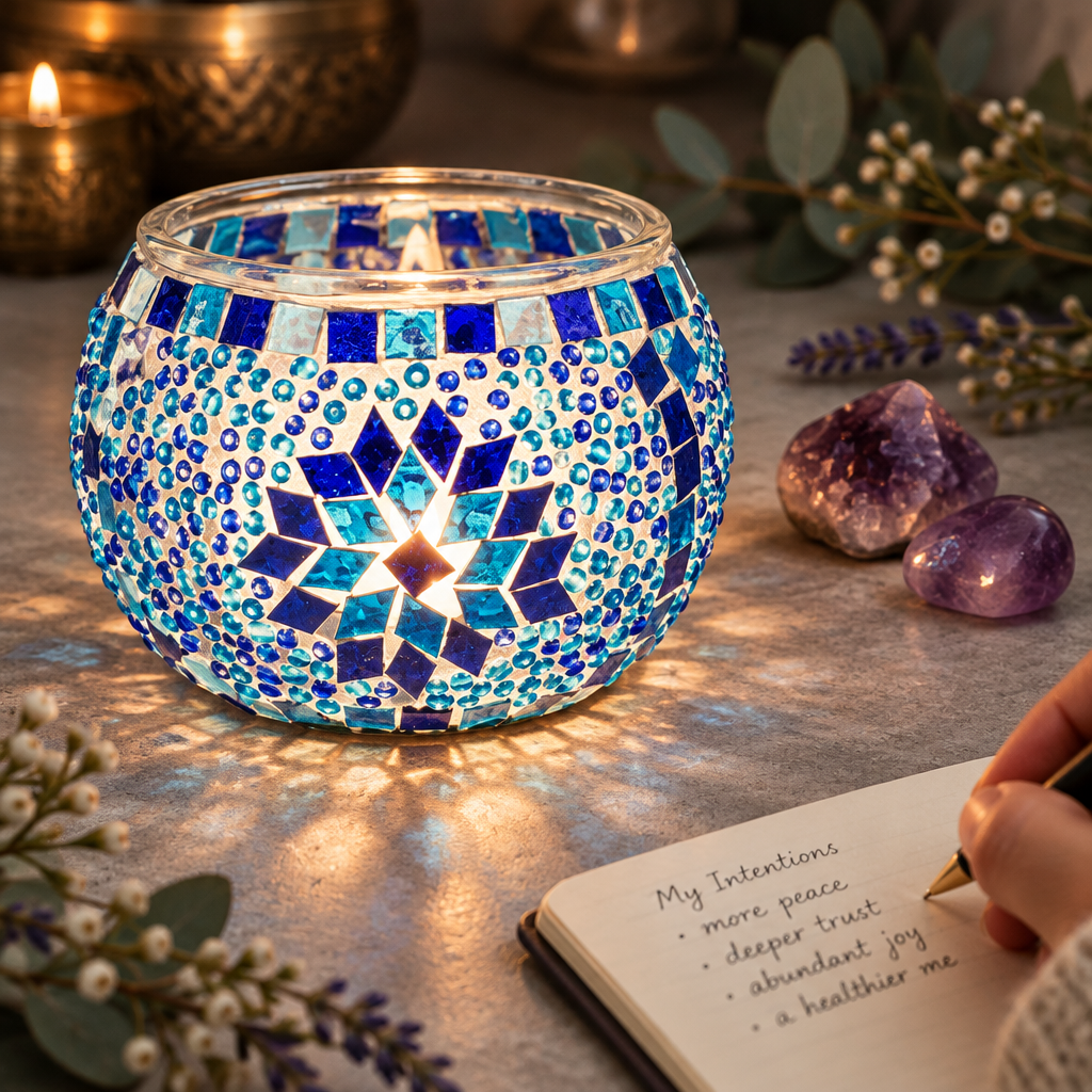 Blue mosaic candle holder lifestyle