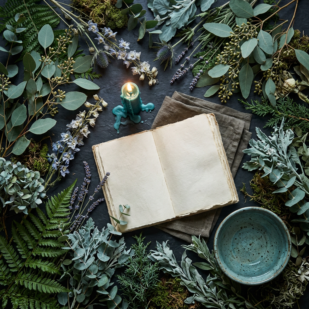 Blue Opal themed props-only flat lay