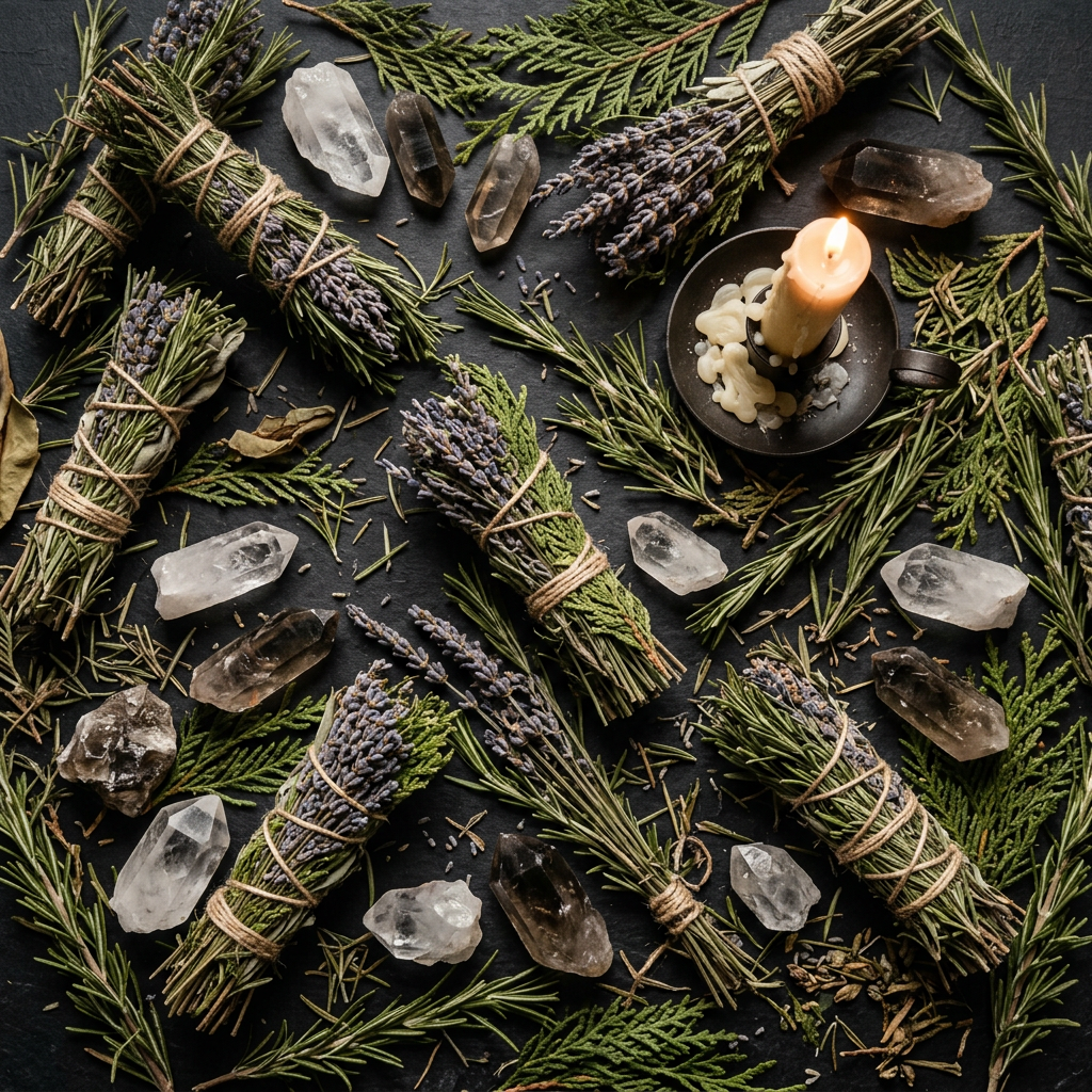 Botanical ritual props-only flat lay