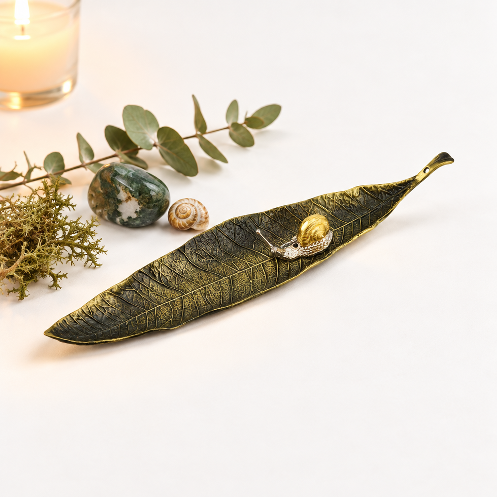 Brass Leaf Snail Incense Holder Hero