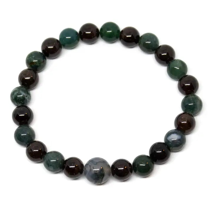 Garnet & Moss Agate Wrist Mala - 8mm Beaded Bracelet