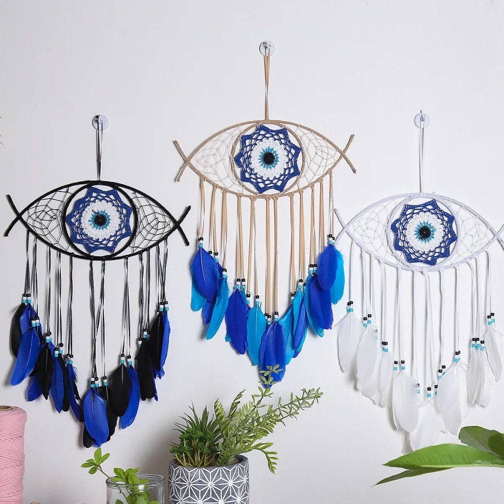Large Wall Hanging Evil Eye Nazar Boncuk Mal De Ojo Dream Catcher with Feathers,