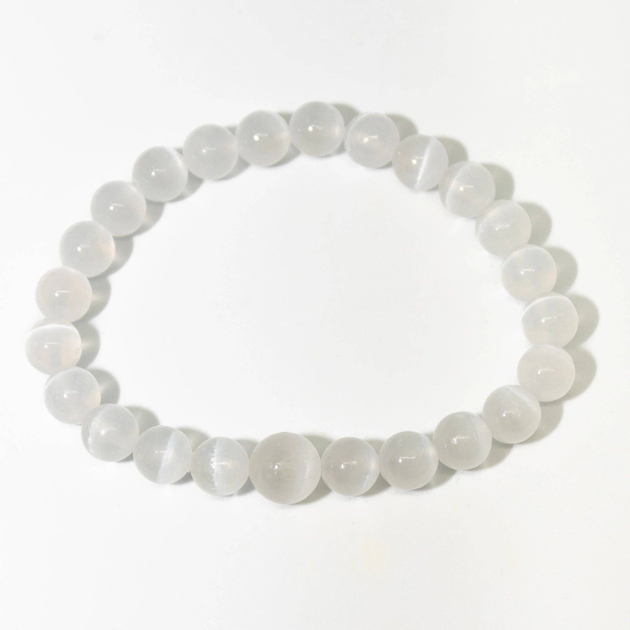 Selenite Stretchy Beaded Bracelet – Wrist Mala Prayer Beads, 8mm