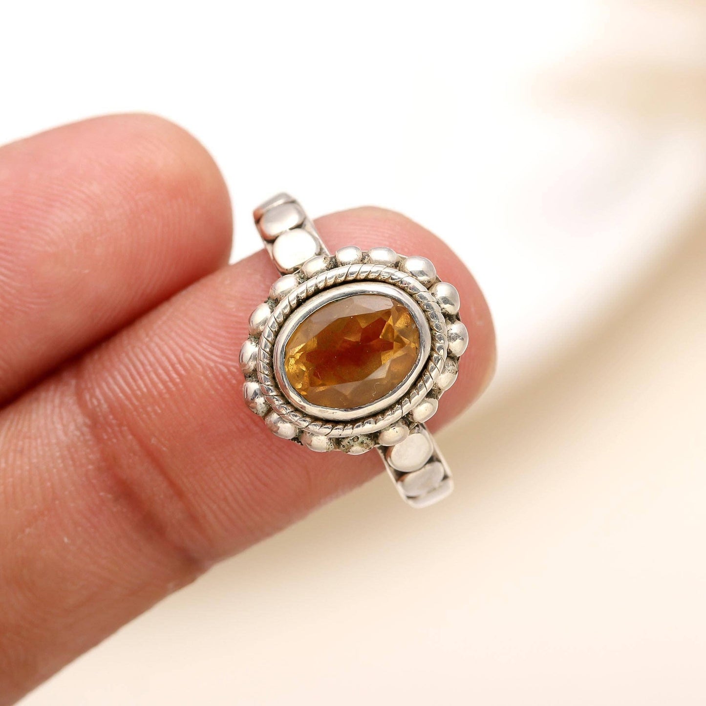 925 Silver Citrine Boho Ring Size 10