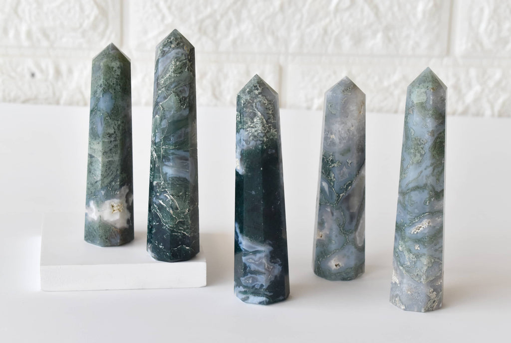 Moss Agate Crystal Tower | Healing Obelisk Point | Natural Gemstone Tower