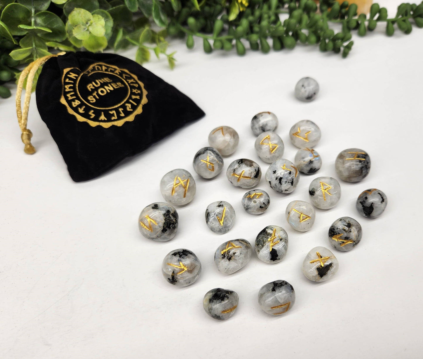 Rainbow Moonstone Gemstone Rune Set with Velvet Pouch