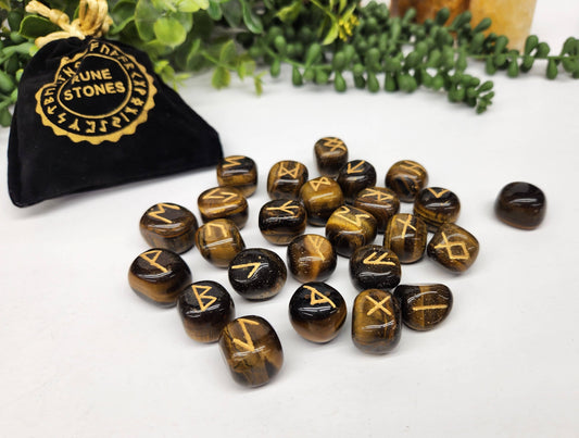 Yellow Tiger Eye Gemstone Rune Sets with Velvet Pouch