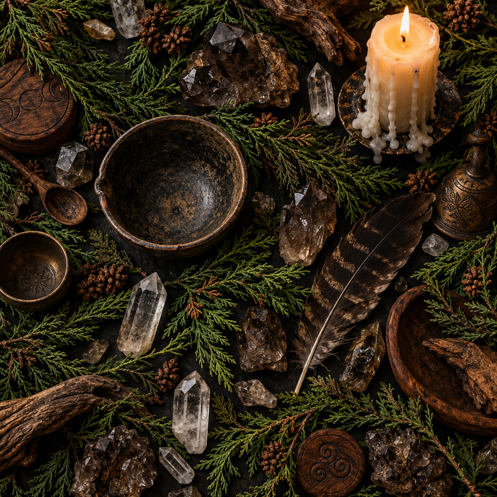 Cedar ritual props-only flat lay