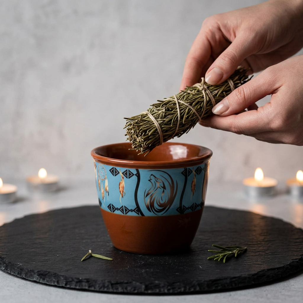 Ceramic smudge pot ritual preparation