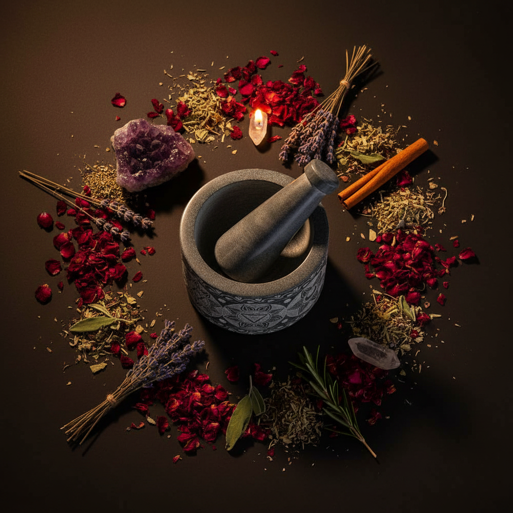 Chakra Mortar & Pestle Flat Lay