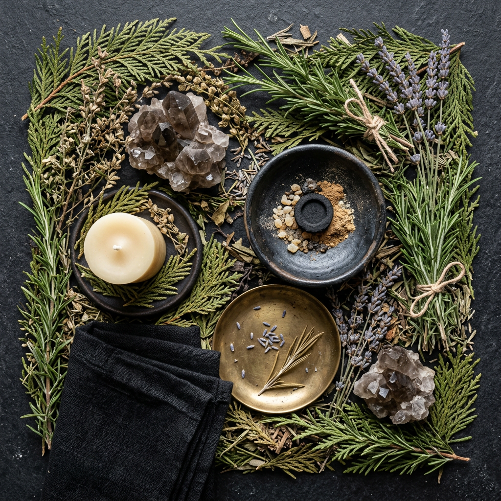 Cleansing ritual props flat lay