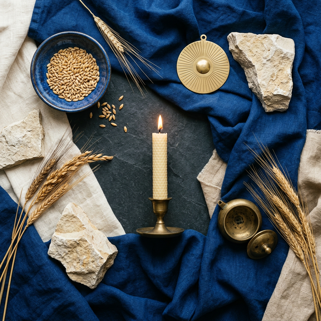 Cobalt-and-gold props-only flat lay