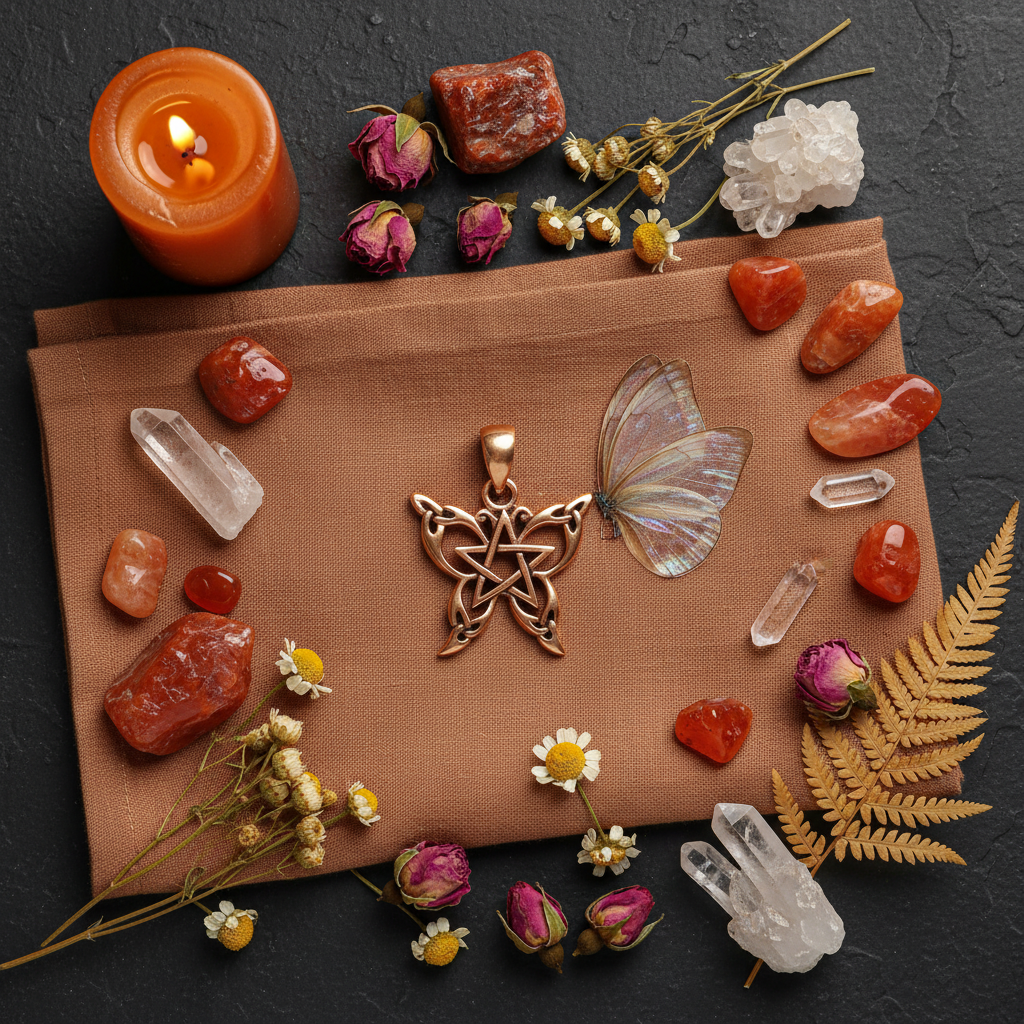 Copper Butterfly Pentacle Flat Lay