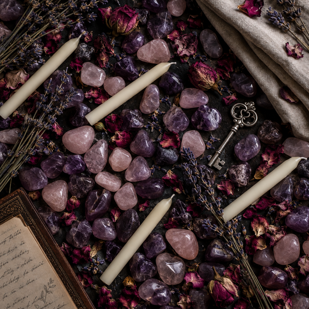 Crystal candle ritual props flat lay