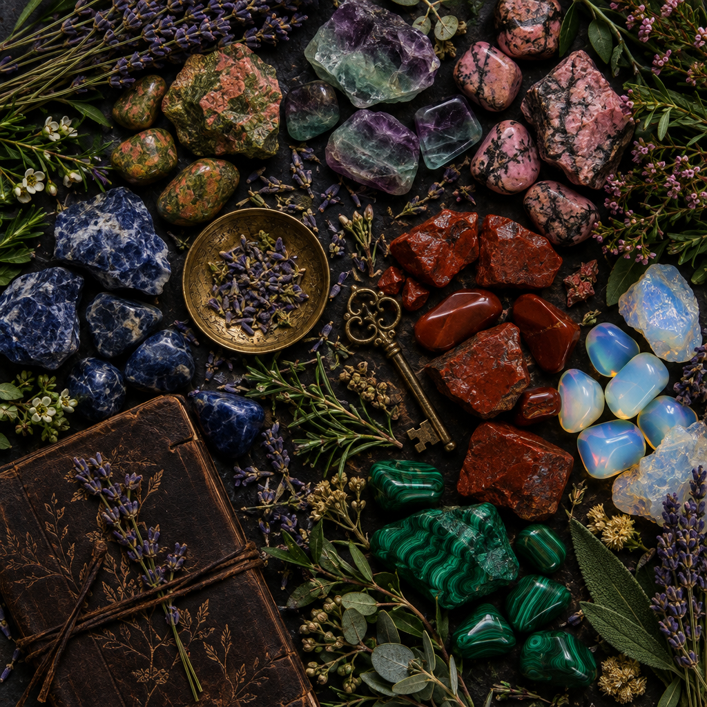 Crystal intention props flat lay