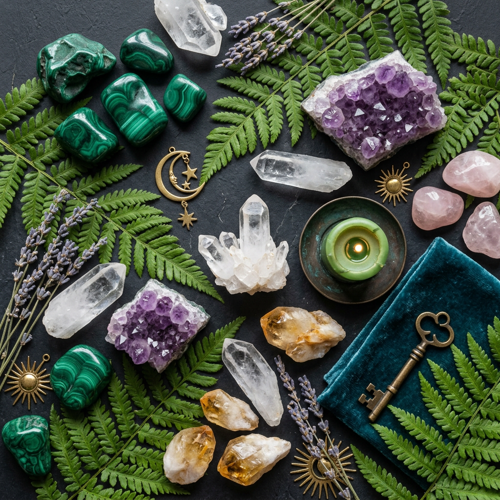 Crystal-themed props flat lay