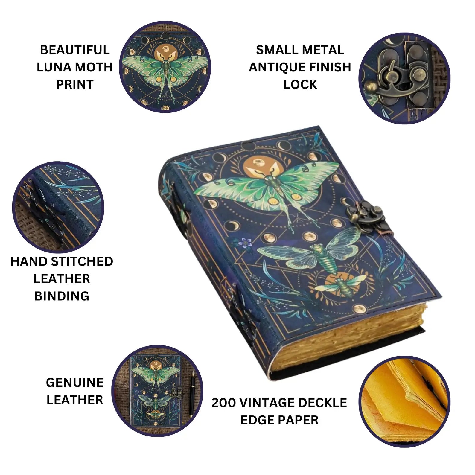 Vintage Leather Journal Notebook with Moth Print