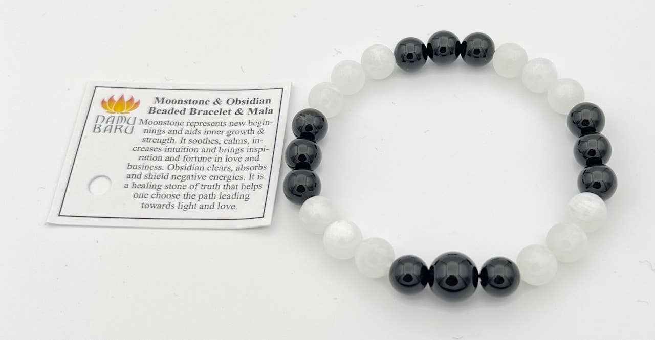 Black Obsidian & Moonstone Beaded Bracelet - 8mm