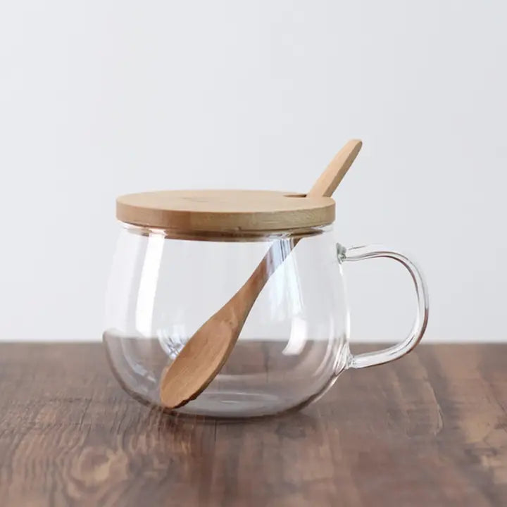 Borosilicate Glass Teacup w/ Bamboo Lid & Spoon 11oz