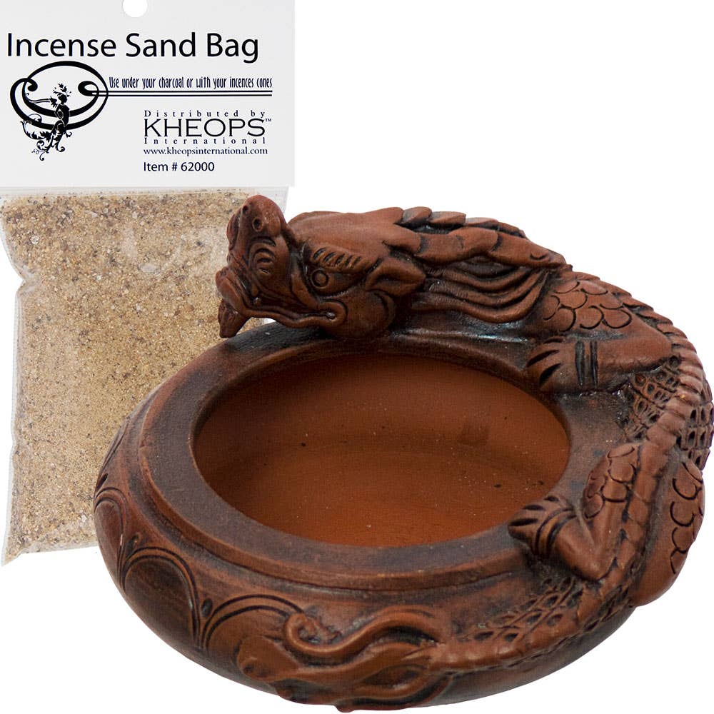 Dragon Terra Cotta Incense Burner | Charcoal & Cone Bowl with Sand Bag | Fire Magic Altar Decor