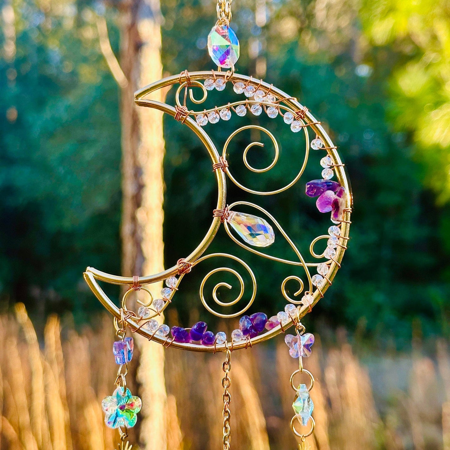 Gold Metal Crescent Moon Dreamcatcher Suncatcher with Swirls & Hanging Butterfly and Heart Jewel Charms