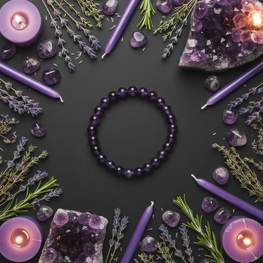 Deep purple amethyst beaded bracelet flat lay with raw amethyst, lavender and candles on dark charcoal background