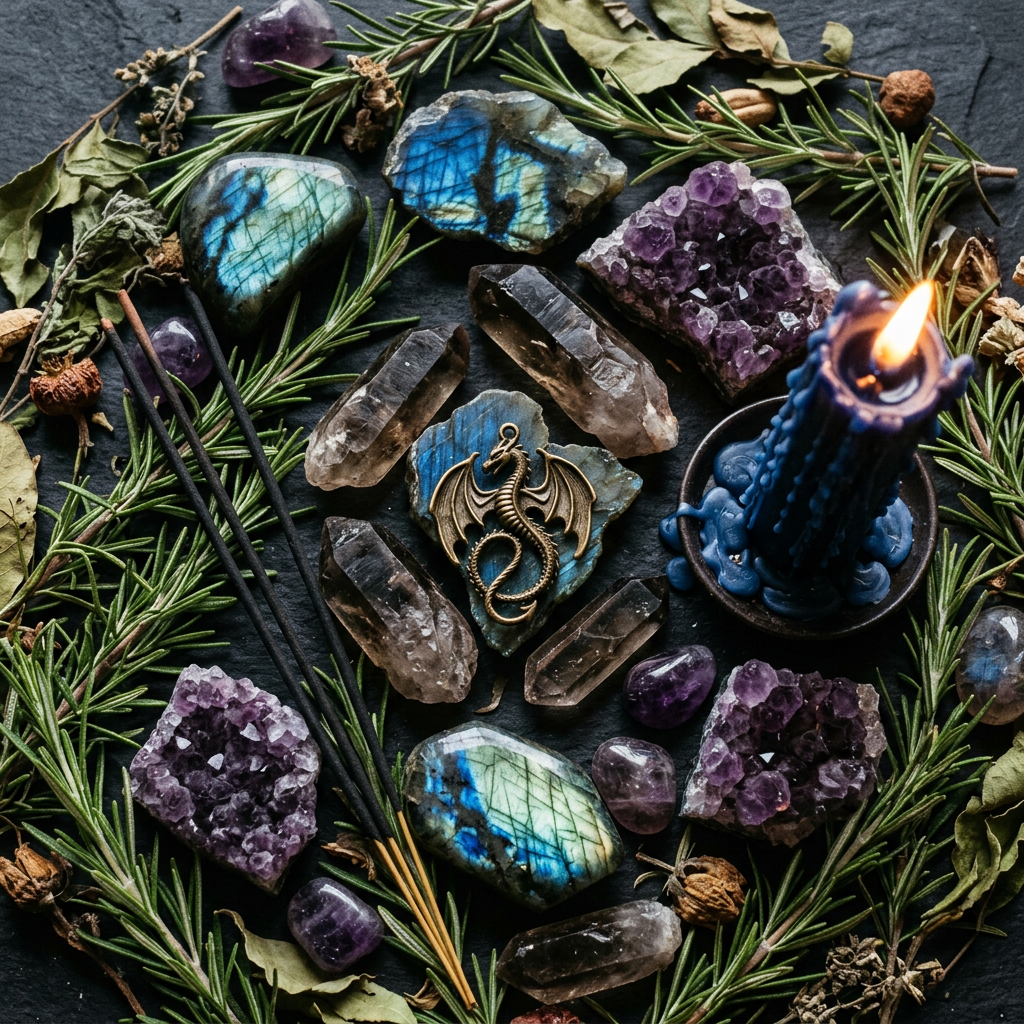Dragon-inspired props-only flat lay