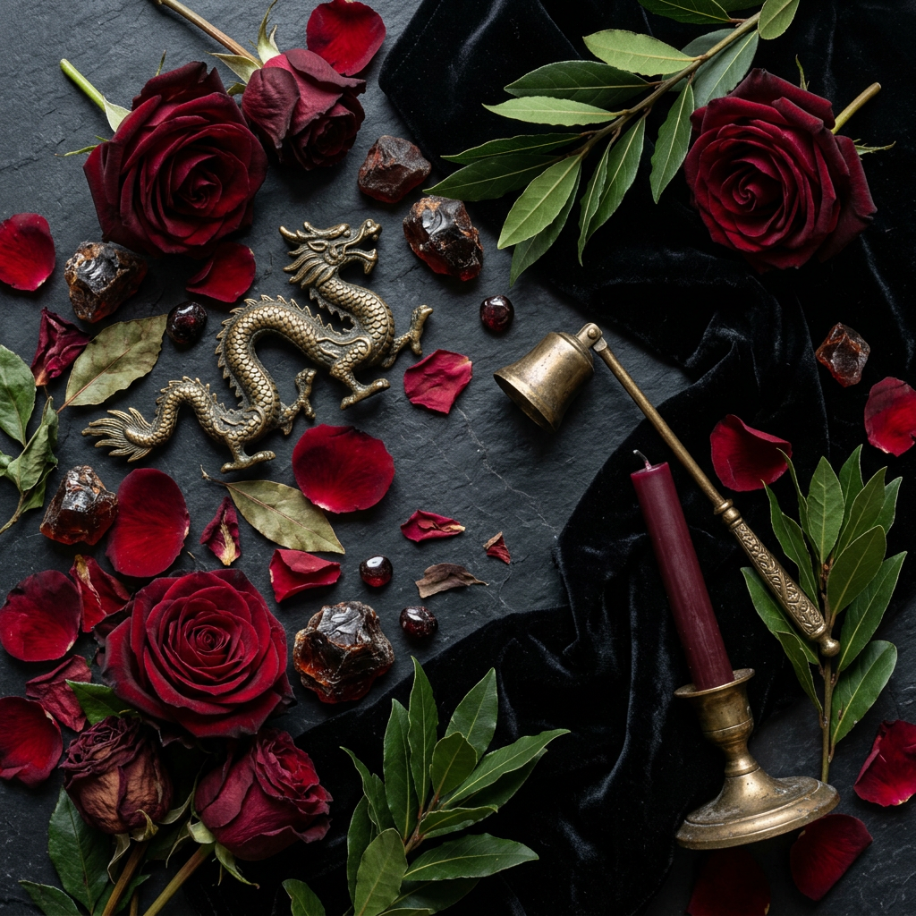 Dragon’s Blood props-only flat lay