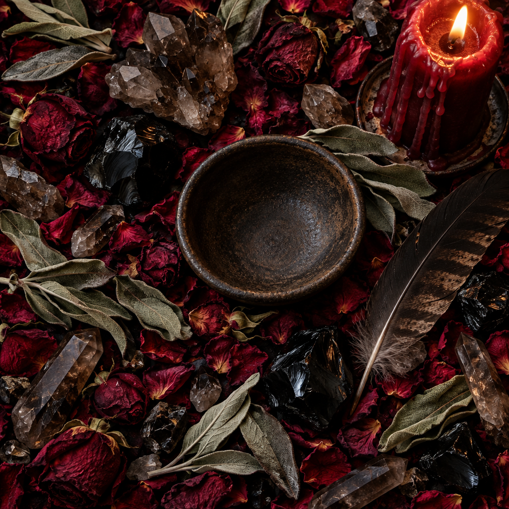 Dragon’s Blood ritual props-only flat lay