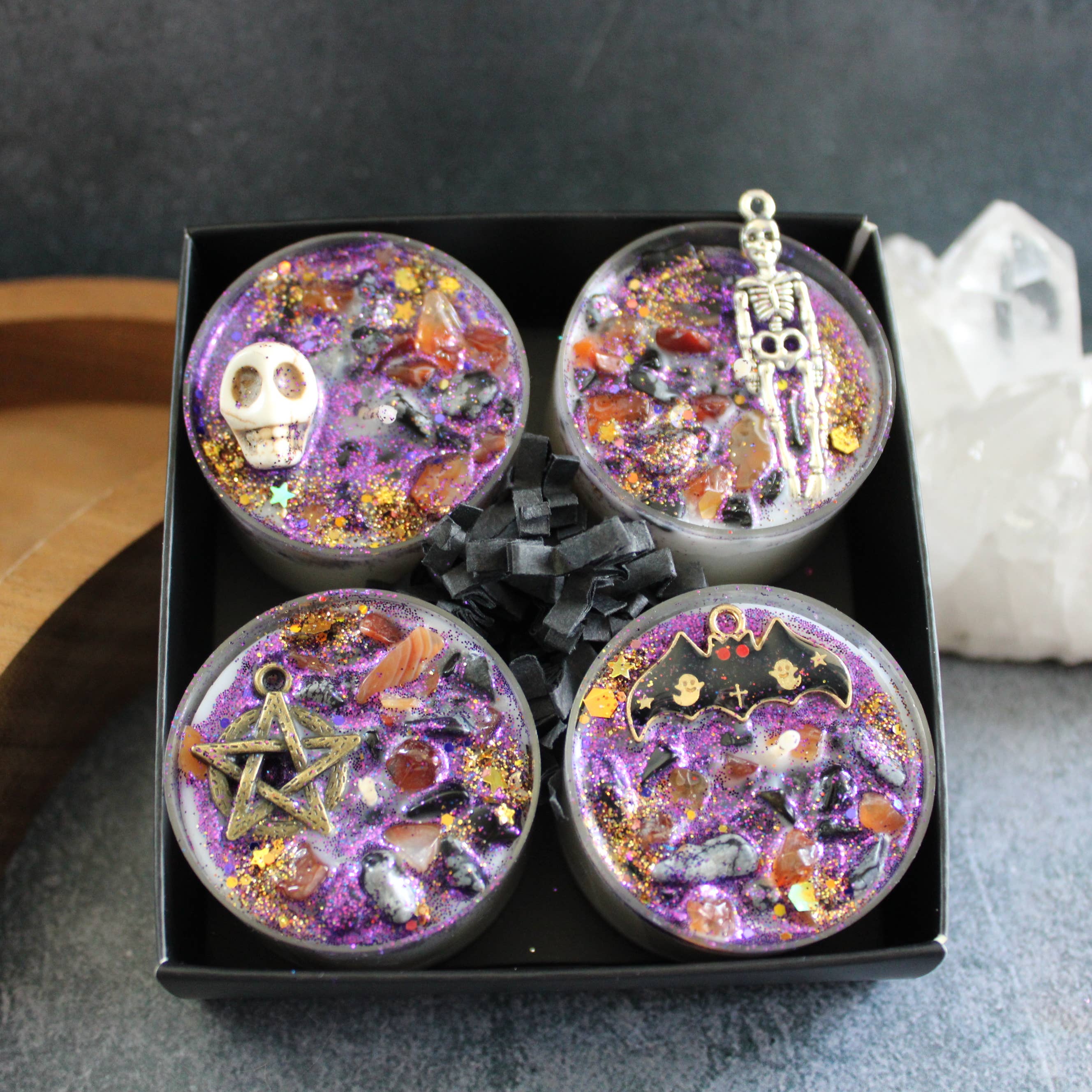 Samhain Tealight Crystal Candles | Sabbat Ritual Candles | Moondust and Raven