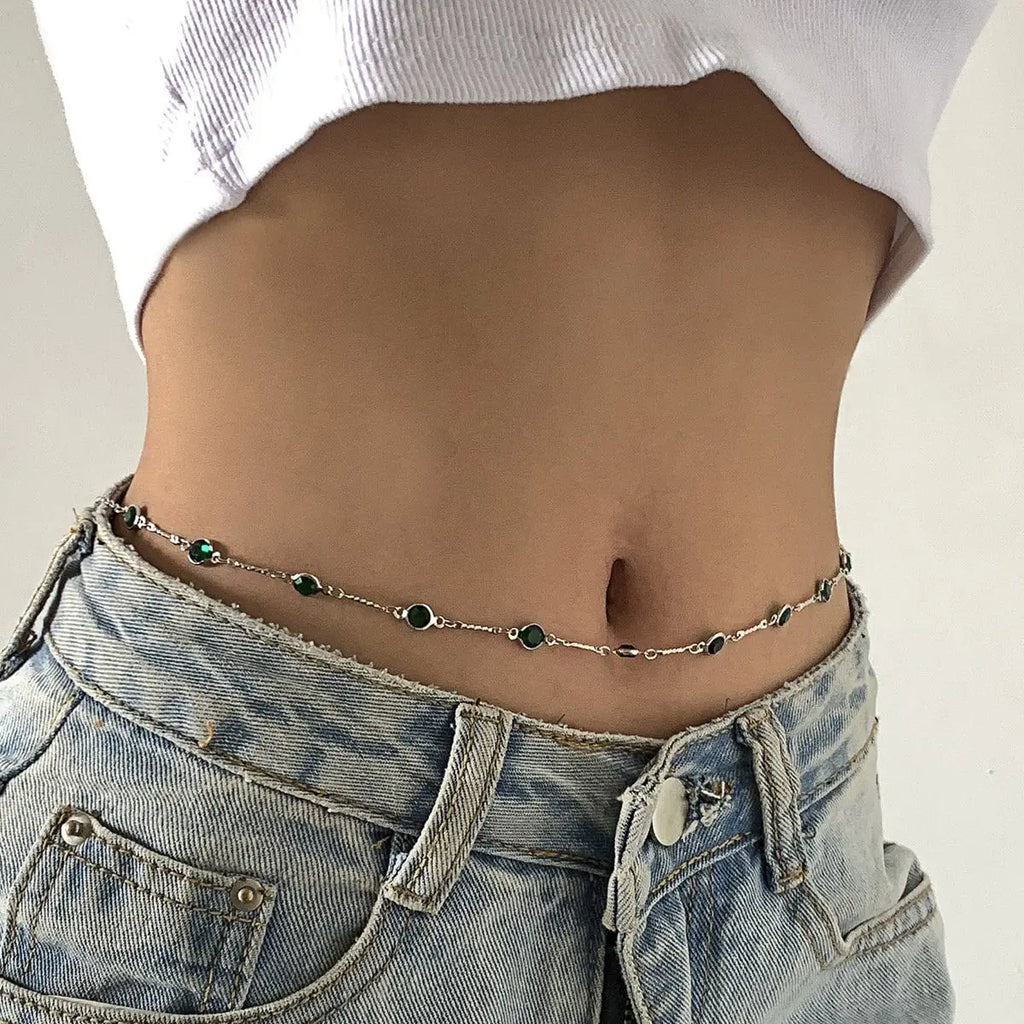 Green Crystal Beaded Waist Belly Chain in Solid Copper