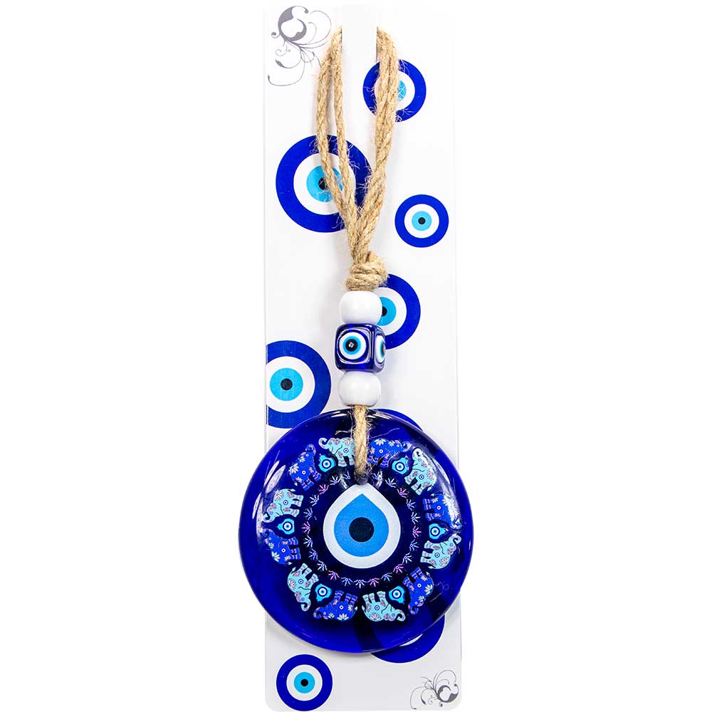 Circle of Elephants Evil Eye Wall Hanging - Blue Glass Protection Talisman
