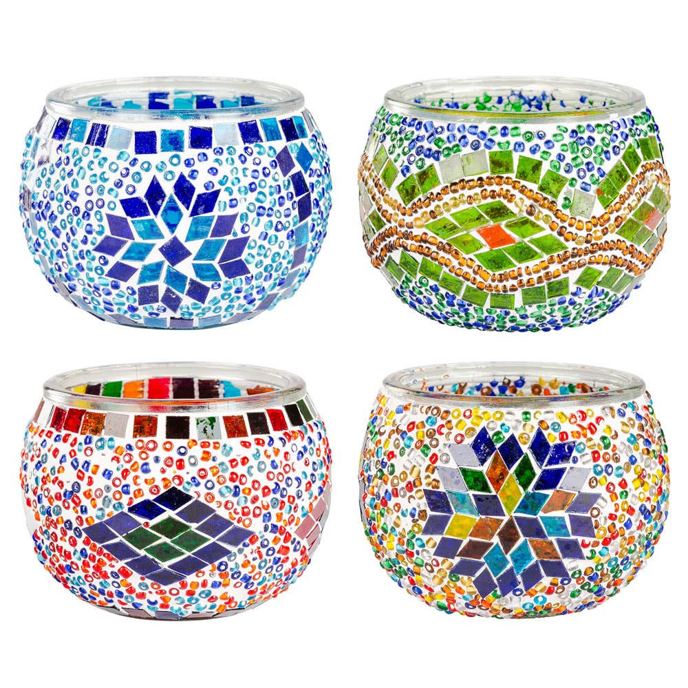 ASSORTED MOSAIC GLASS TEA LIGHT/VOTIVE CANDLE BURNERS