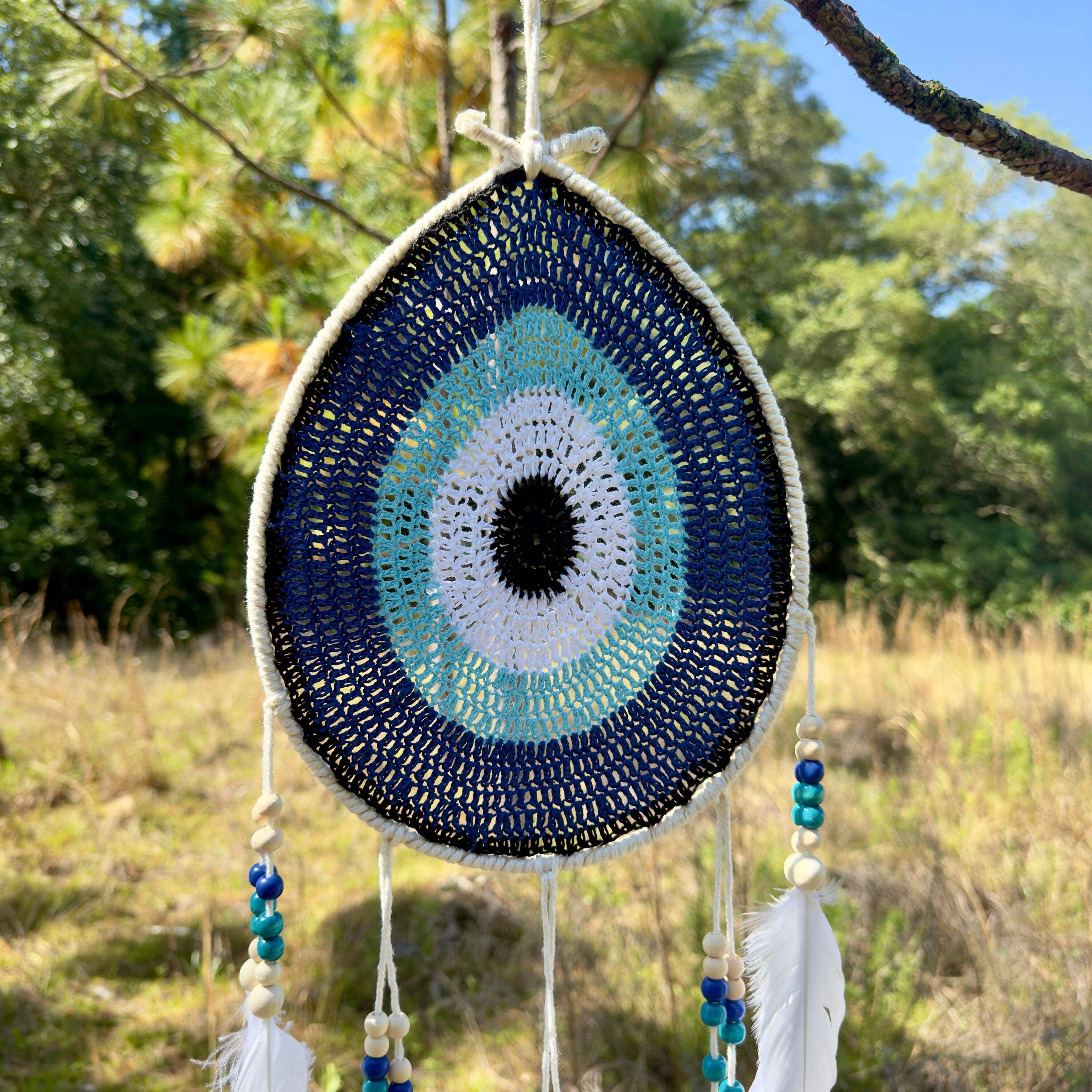 White Tear Drop Crochet Wall Hanging Evil Eye Nazar Boncuk Mal De Ojo Dream Catcher with Feathers